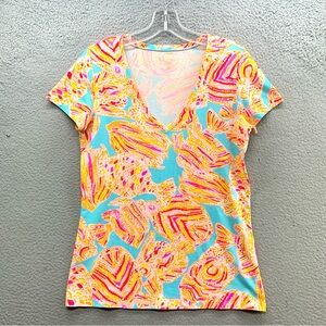 Lilly Pulitzer V-Neck Cotton Top Tee T-Shirt Breakwater Blue Fish Print Size M